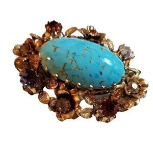 Vintage Gold-Tone Floral Brooch Turquoise-Style Stone Multicolor Rhinestones js4